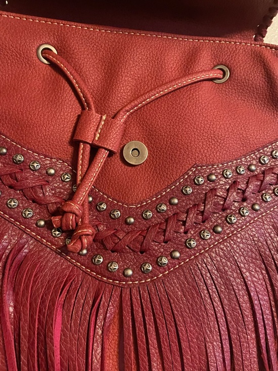 Montana West Red Leather Fringe Backpack with Turquoise Accent and Studs - Picture 3 of 9